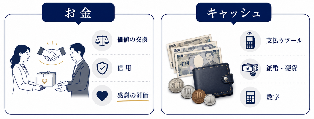 「お金」と「キャッシュ」の違いを説明する図解