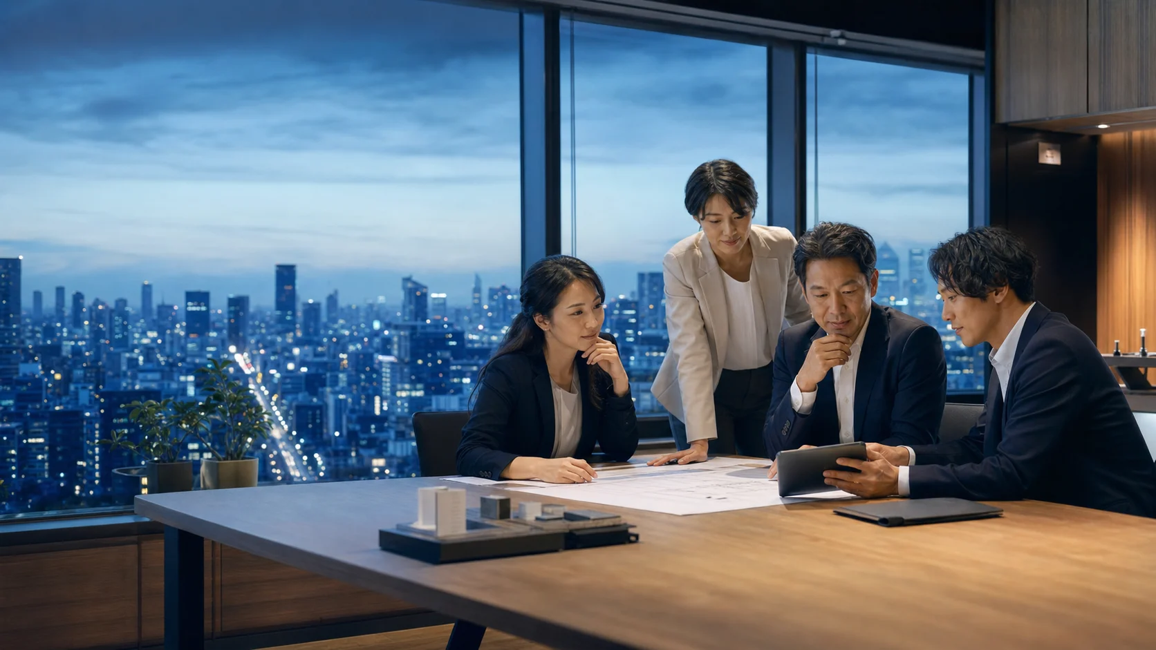 東京のオフィスで未来の事業計画を話し合うプロフェッショナル